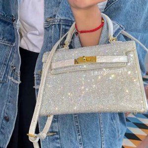 Elegant Sparkling Evening Crystal White & Gold Bag